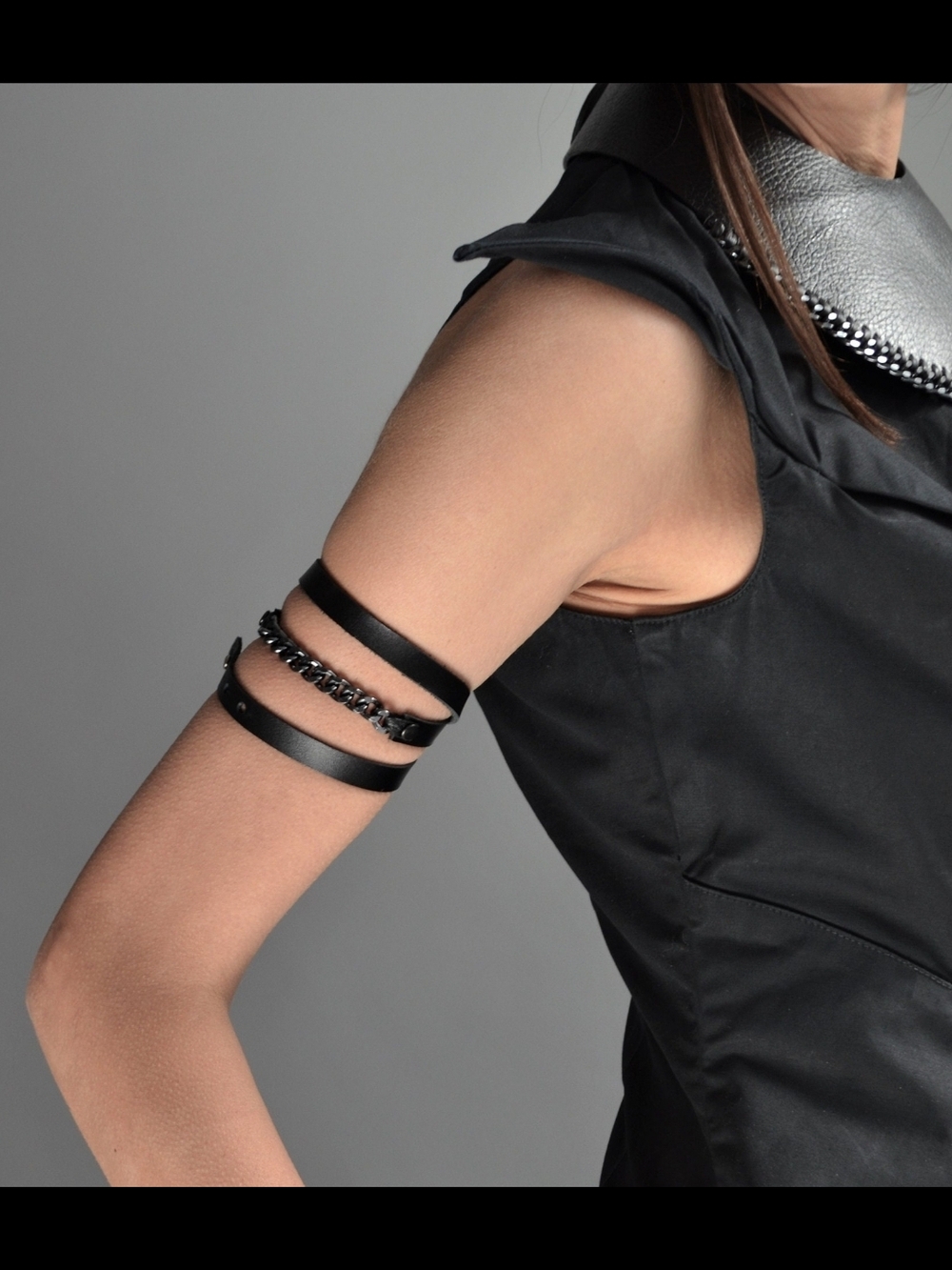 Black Leather and Chain Upper Arm Cuff